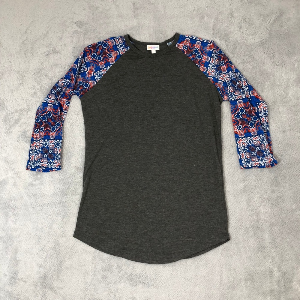 LuLaRoe Randy Raglan Tee Women XS Gray Blue Mandala Baseball Shirt 3/4 Sleeves